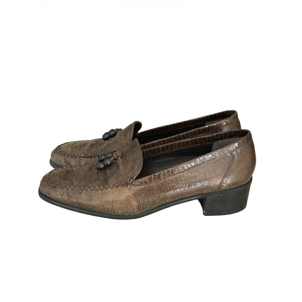 Stuart Weitzman Brown Lizard Embossed Tassel Loafers Block Heel Size 9B EUC